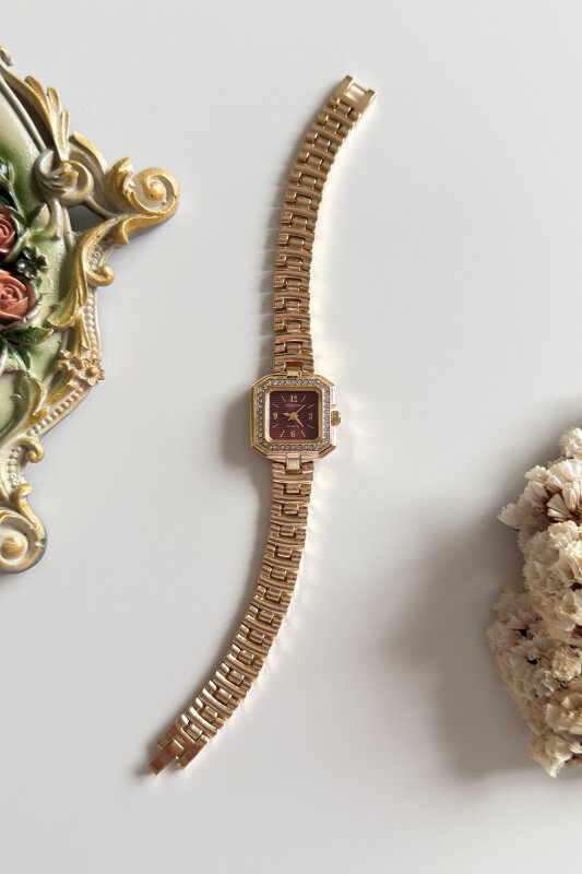 Lunera Bordo Kare Taşlı Kadran Gold Çelik Kordon Kadın Kol Saati - 1