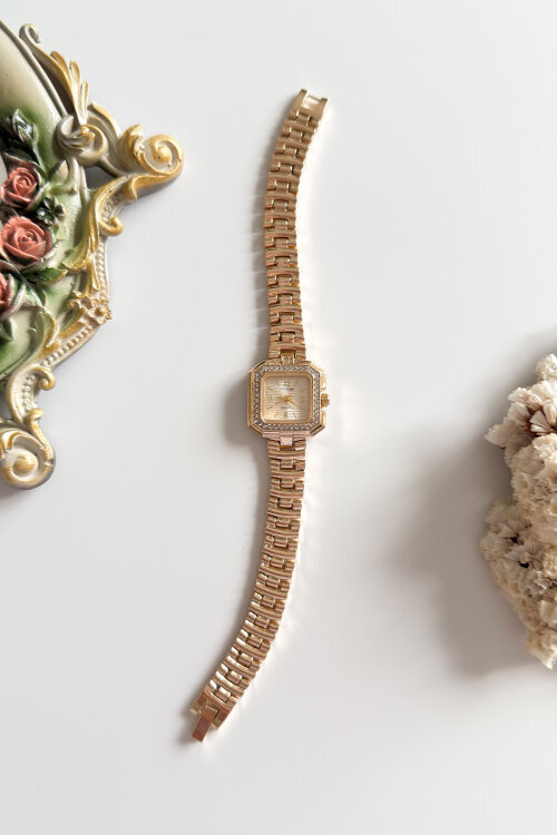 Lunera Gold Kare Taşlı Kadran Gold Çelik Kordon Kadın Kol Saati - 1