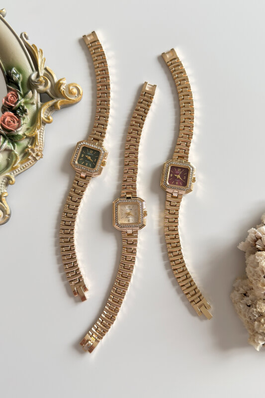 Lunera Yeşil Kare Taşlı Kadran Gold Çelik Kordon Kadın Kol Saati - 2