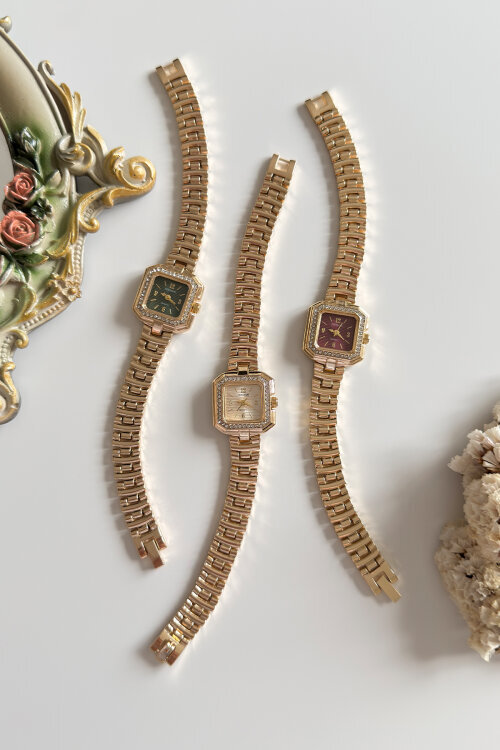 Lunera Yeşil Kare Taşlı Kadran Gold Çelik Kordon Kadın Kol Saati (1)