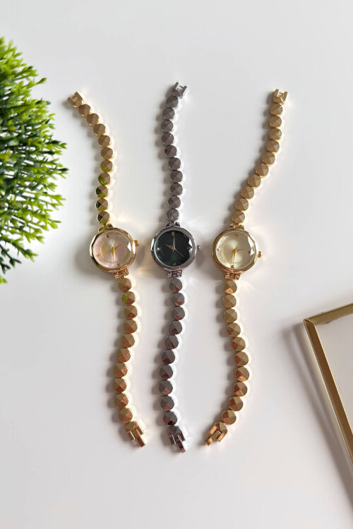 Luxa Gold Yuvarlak Kadran Gold Çelik Bakla Kordon Kadın Kol Saati (1)