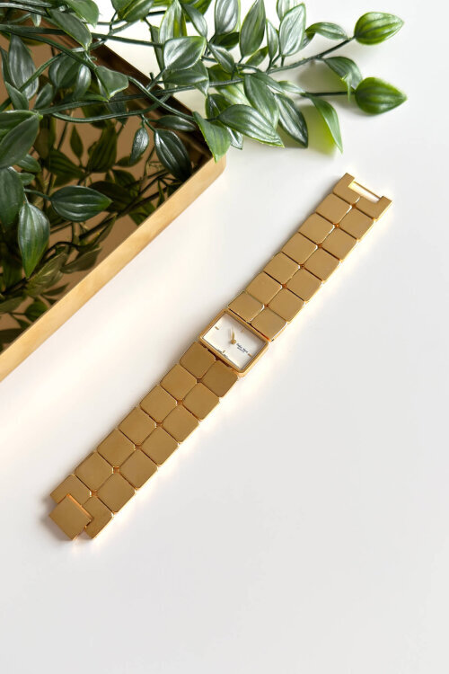 Luxora Özel Tasarım Dikdörtgen Kadran Çelik Gold Kordon Kadın Kol Saati 