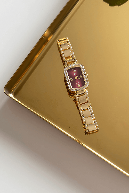 Mary Gold Bordo Taşlı Kare Kadran Çelik Kordon Kadın Kol Saati
