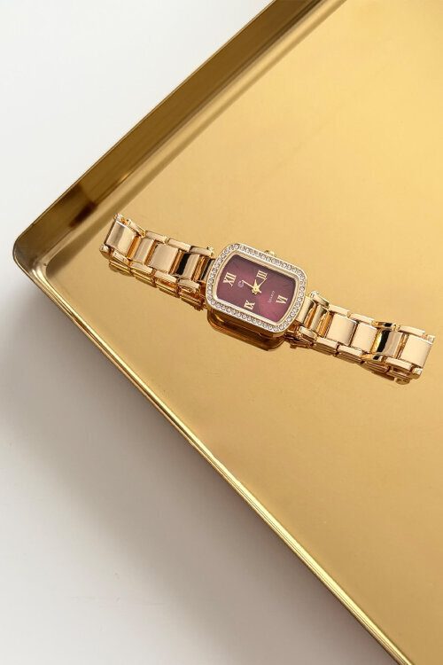 Mary Gold Bordo Taşlı Kare Kadran Çelik Kordon Kadın Kol Saati 