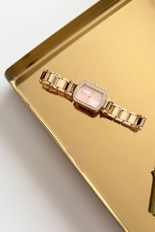 Mary Gold Pudra Taşlı Kare Kadran Çelik Kordon Kadın Kol Saati 