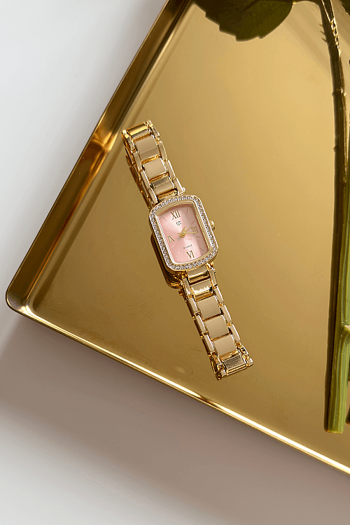 Mary Gold Pudra Taşlı Kare Kadran Çelik Kordon Kadın Kol Saati