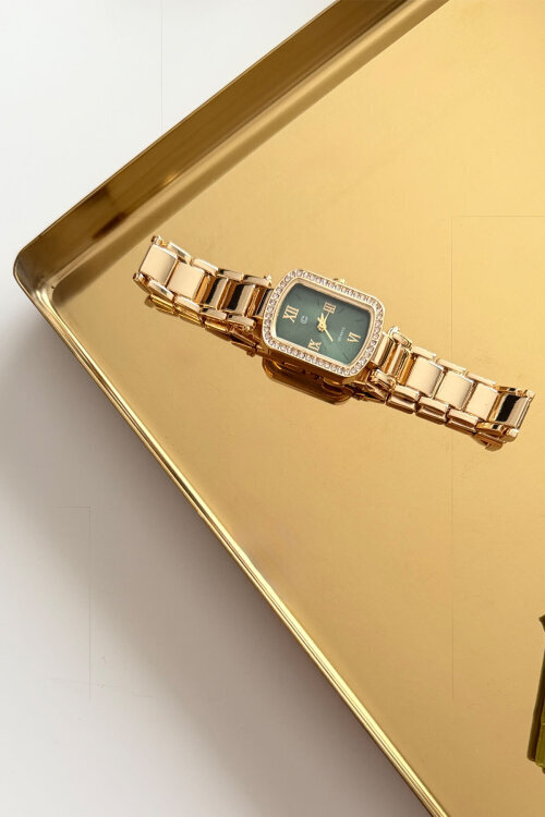 Mary Gold Yeşil Taşlı Kare Kadran Çelik Kordon Kadın Kol Saati 