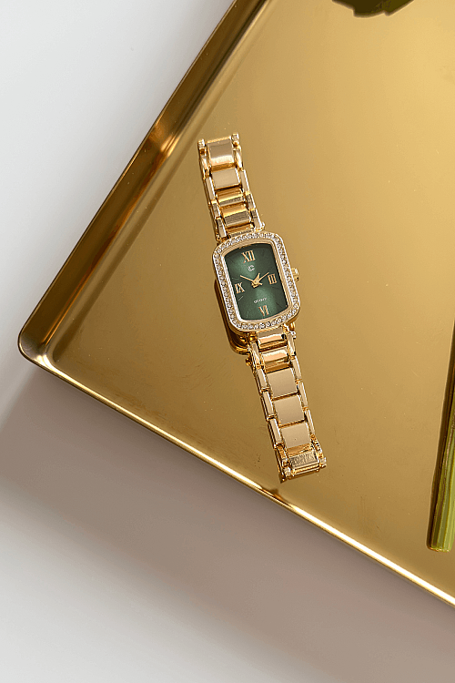 Mary Gold Yeşil Taşlı Kare Kadran Çelik Kordon Kadın Kol Saati