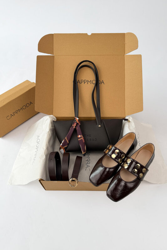 Milano Serisi Acı Kahve Trok Detaylı Babet-Fularlı Çanta-Kemer Seti - 1