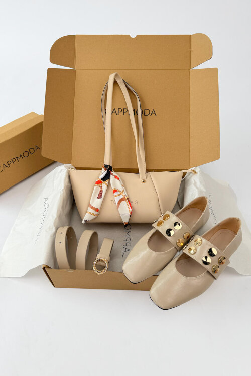 Milano Serisi Bej Trok Detaylı Babet-Fularlı Çanta-Kemer Seti 