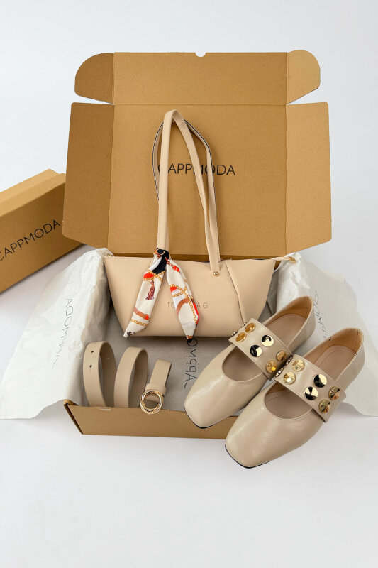 Milano Serisi Bej Trok Detaylı Babet-Fularlı Çanta-Kemer Seti - 1