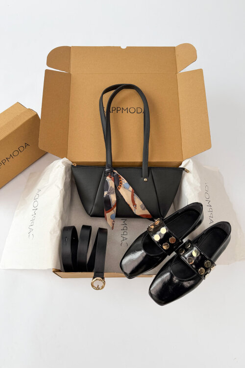 Milano Serisi Siyah Trok Detaylı Babet-Fularlı Çanta-Kemer Seti 