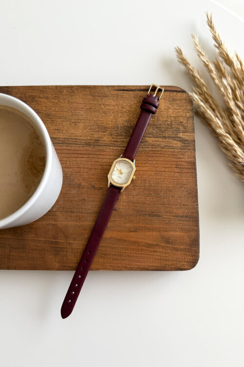 Night Bordo Deri Kordon Gold Kasa Kadın Kol Saati - 1