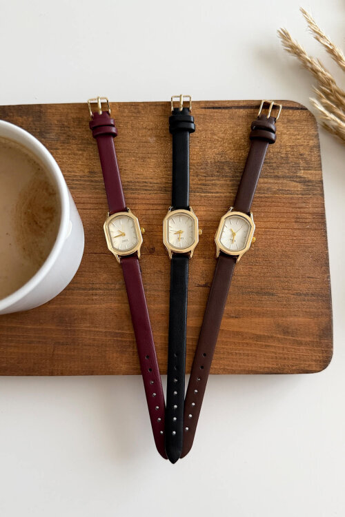 Night Kahverengi Deri Kordon Gold Kasa Kadın Kol Saati (1)