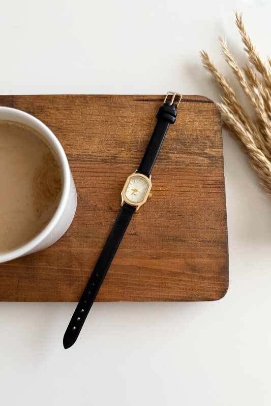 Night Siyah Deri Kordon Gold Kasa Kadın Kol Saati - 1