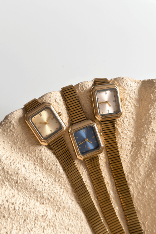 Nira Lacivert Dikdörtgen Kadran Gold Çelik Kordon Kadın Kol Saati - 2