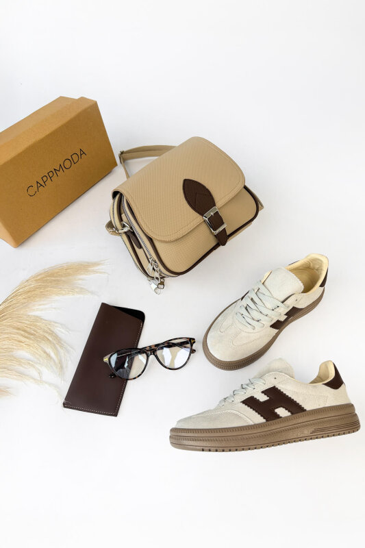 Nola Serisi Bej Süet Sneaker-Çanta-Gözlük Üçlü Set - 1