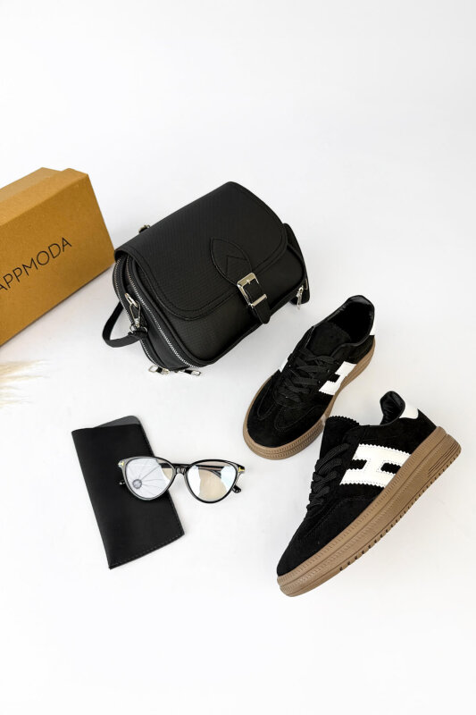 Nola Serisi Siyah Süet Sneaker-Çanta-Gözlük Üçlü Set - 1
