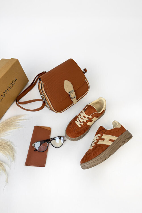 Nola Serisi Taba Süet Sneaker-Çanta-Gözlük Üçlü Set