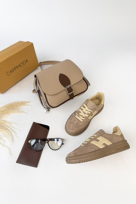 Nola Serisi Vizon Süet Sneaker-Çanta-Gözlük Üçlü Set - 1