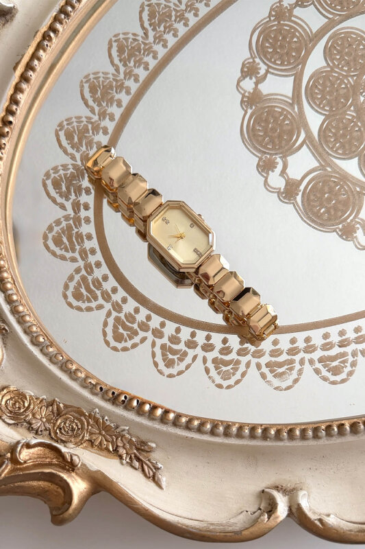 Nora Gold Dikdörtgen Detay Gold Kadran Çelik Kordon Kadın Kol Saati - 1