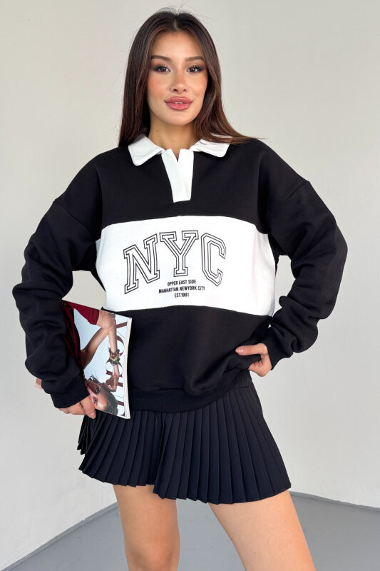 SWT-225 Siyah NYC Baskılı Polo Yaka Kontrast Detaylı Sweatshirt - 2