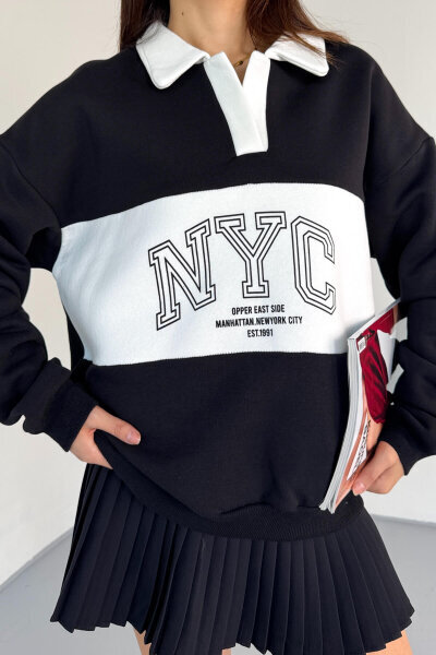 SWT-225 Siyah NYC Baskılı Polo Yaka Kontrast Detaylı Sweatshirt - 3