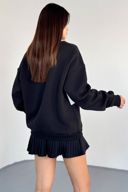 SWT-225 Siyah NYC Baskılı Polo Yaka Kontrast Detaylı Sweatshirt - 4