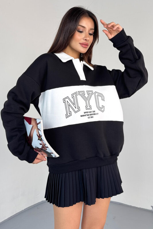 SWT-225 Siyah NYC Baskılı Polo Yaka Kontrast Detaylı Sweatshirt - 1
