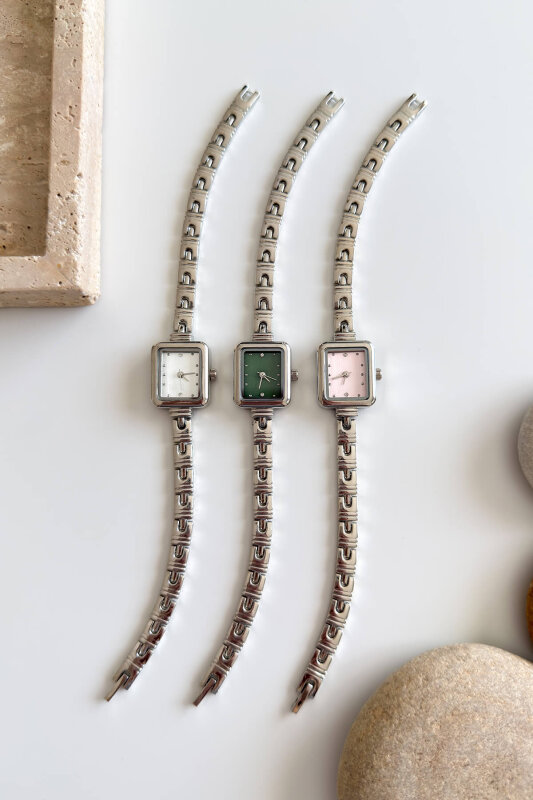 Paris Beyaz Kadran Dikdörtgen Kasa Gümüş Çelik Kordon Kadın Kol Saati - 2