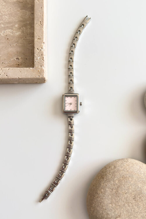Paris Pudra Kadran Dikdörtgen Kasa Gümüş Çelik Kordon Kadın Kol Saati