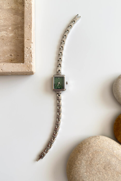 Paris Yeşil Kadran Dikdörtgen Kasa Gümüş Çelik Kordon Kadın Kol Saati 