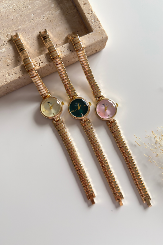 Pera Pembe Yuvarlak Kadran Gold Sıralı Çelik Kordon Kadın Kol Saati - 2