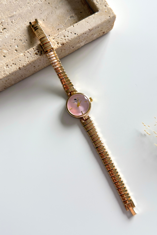 Pera Pembe Yuvarlak Kadran Gold Sıralı Çelik Kordon Kadın Kol Saati 