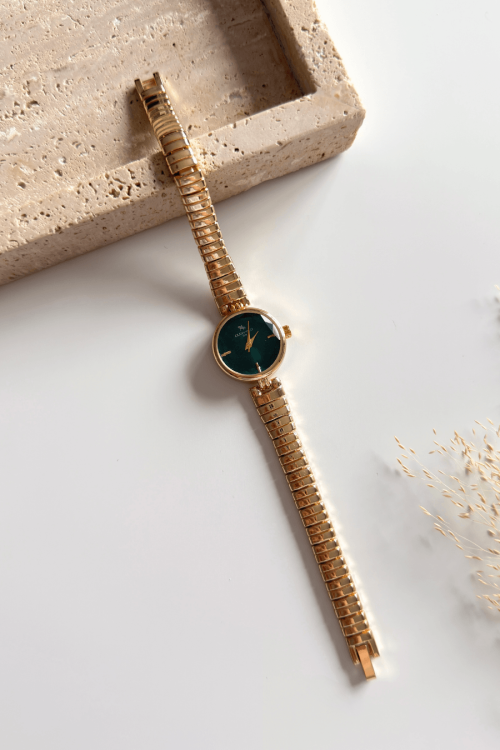 Pera Yeşil Yuvarlak Kadran Gold Sıralı Çelik Kordon Kadın Kol Saati 