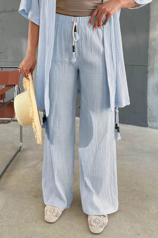 PNT-03615 Buz Mavisi Gofre Kumaş Bağlamalı Palazzo Pantolon - 1