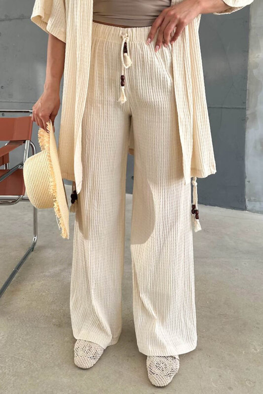 PNT-03615 Krem Gofre Kumaş Bağlamalı Palazzo Pantolon - 1