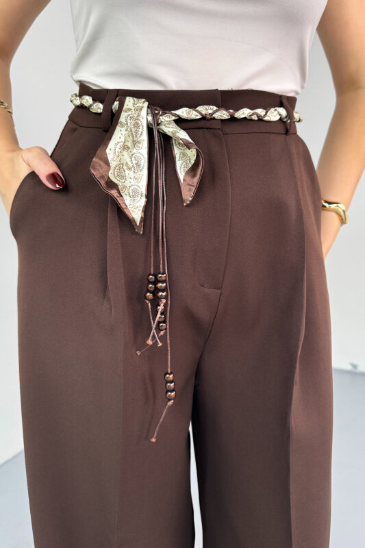 PNT-0522 Kahverengi Fular Detaylı Palazzo Pantolon - 2