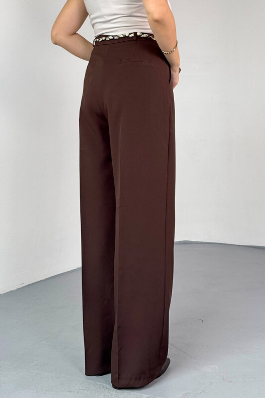 PNT-0522 Kahverengi Fular Detaylı Palazzo Pantolon - 3