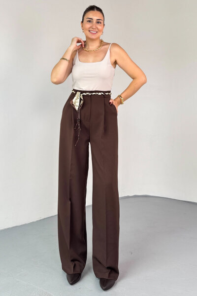 PNT-0522 Kahverengi Fular Detaylı Palazzo Pantolon 