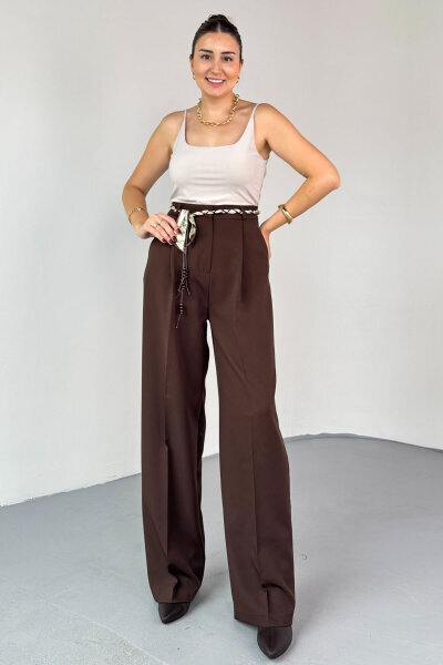 PNT-0522 Kahverengi Fular Detaylı Palazzo Pantolon - 4