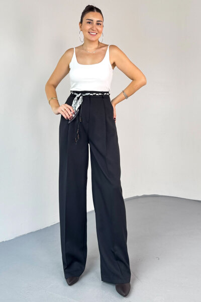 PNT-0522  Siyah Fular Detaylı Palazzo Pantolon - 1