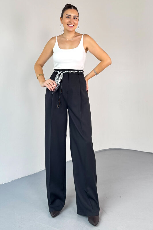 PNT-0522  Siyah Fular Detaylı Palazzo Pantolon - 1