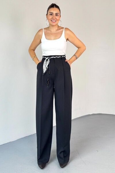 PNT-0522  Siyah Fular Detaylı Palazzo Pantolon - 4