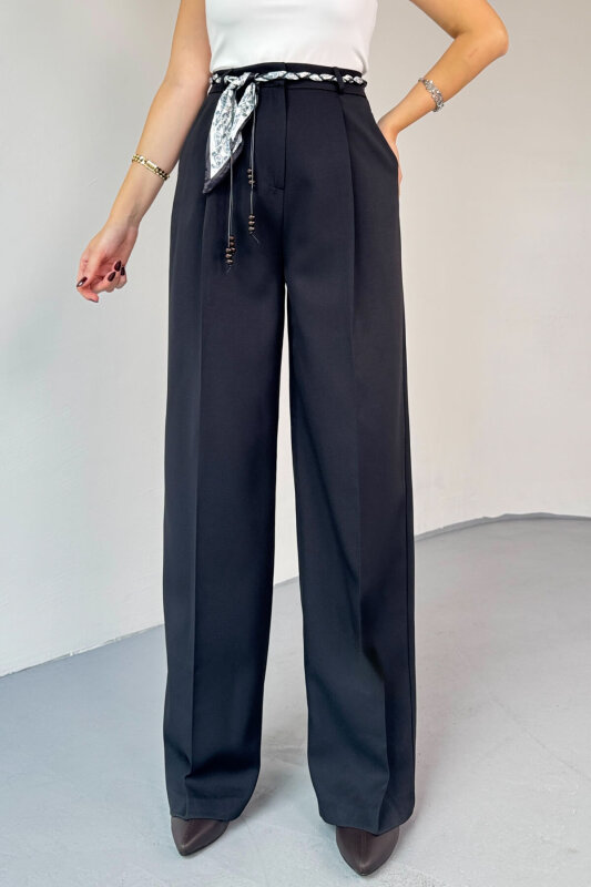 PNT-0522  Siyah Fular Detaylı Palazzo Pantolon - 2