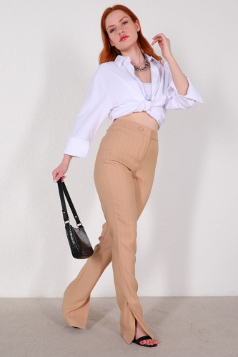 PNT-07322 Vizon Çizgili Yırtmaçlı İspanyol Paça Double Kumaş Pantolon - 3