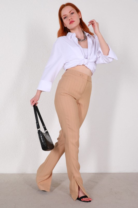 PNT-07322 Vizon Çizgili Yırtmaçlı İspanyol Paça Double Kumaş Pantolon - 3