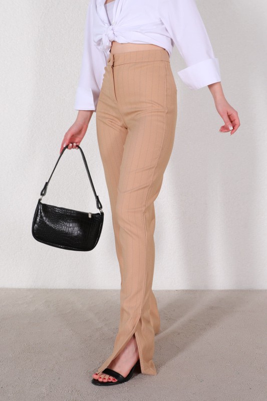 PNT-07322 Vizon Çizgili Yırtmaçlı İspanyol Paça Double Kumaş Pantolon - 1