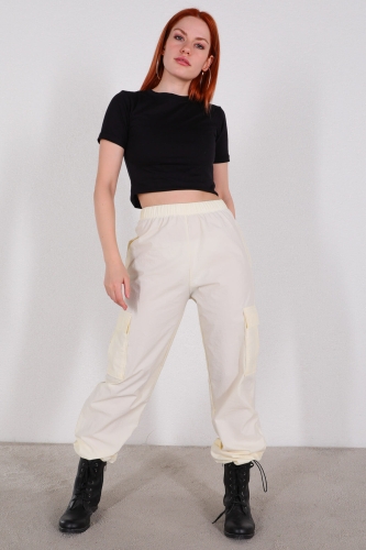 PNT-07327 Ekru Paça Lastikli Kargo Cepli Paraşüt Pantolon - 2