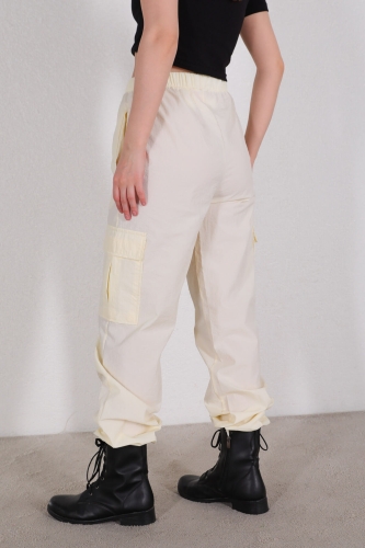 PNT-07327 Ekru Paça Lastikli Kargo Cepli Paraşüt Pantolon - 6